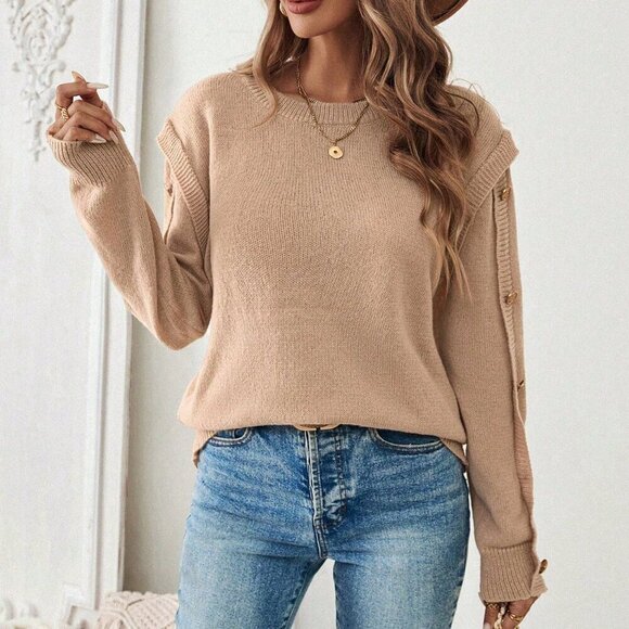 Khaki Casual Women's Solid Color 2 In 1 Sweater - Picture 1 of 6